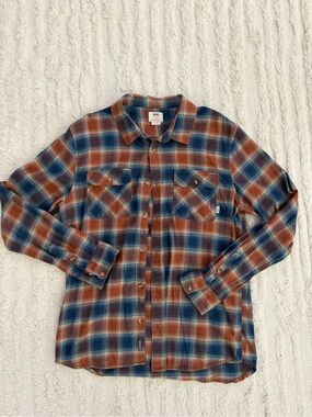Vans Men's Blue and Brown Plaid Button-Down Shirt